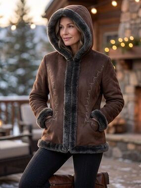 Y2k Penny Lane Women's L Embroidered Brown Faux Suede Fur Trim Hooded Jacket